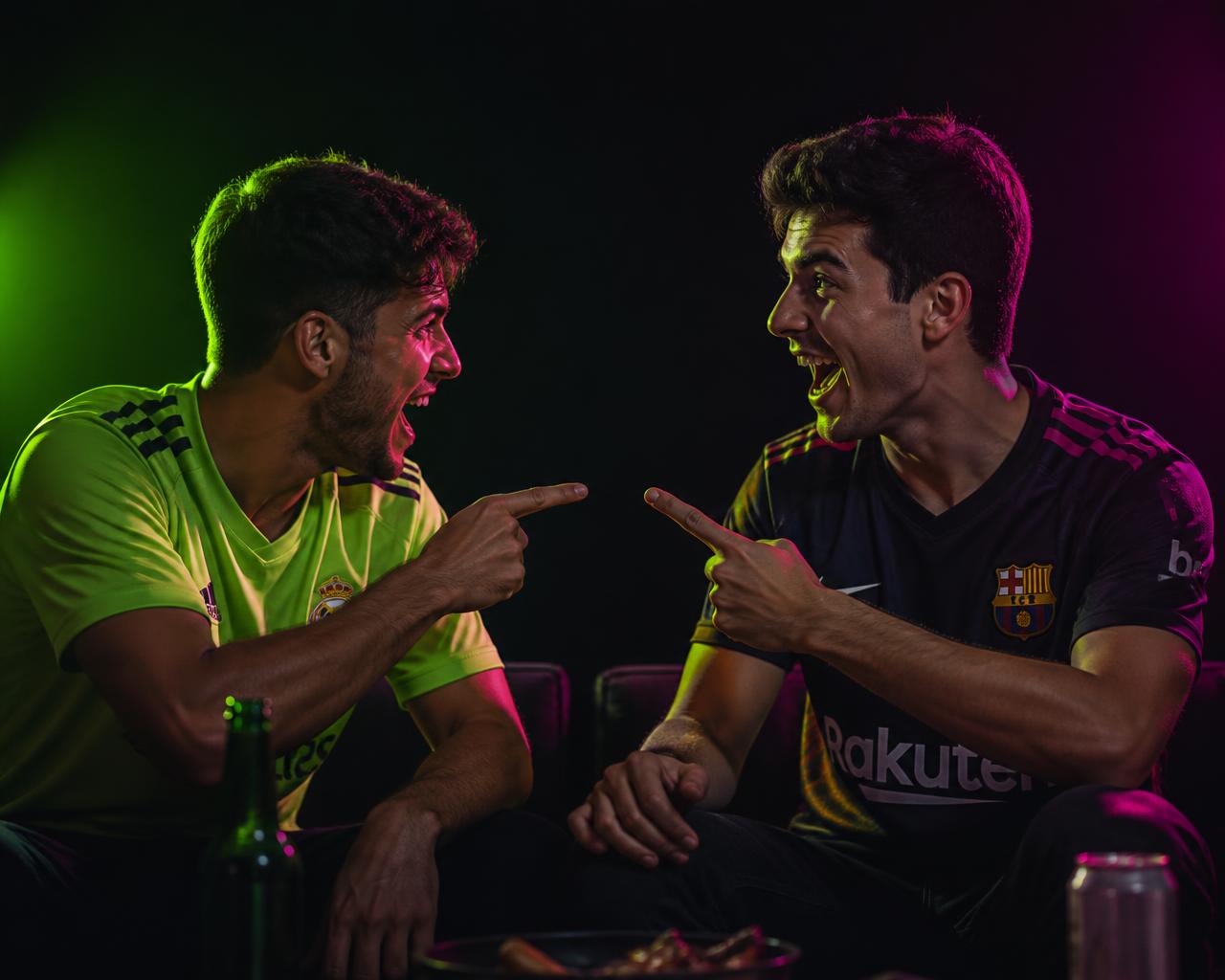Two friends arguing playfully about a football match
