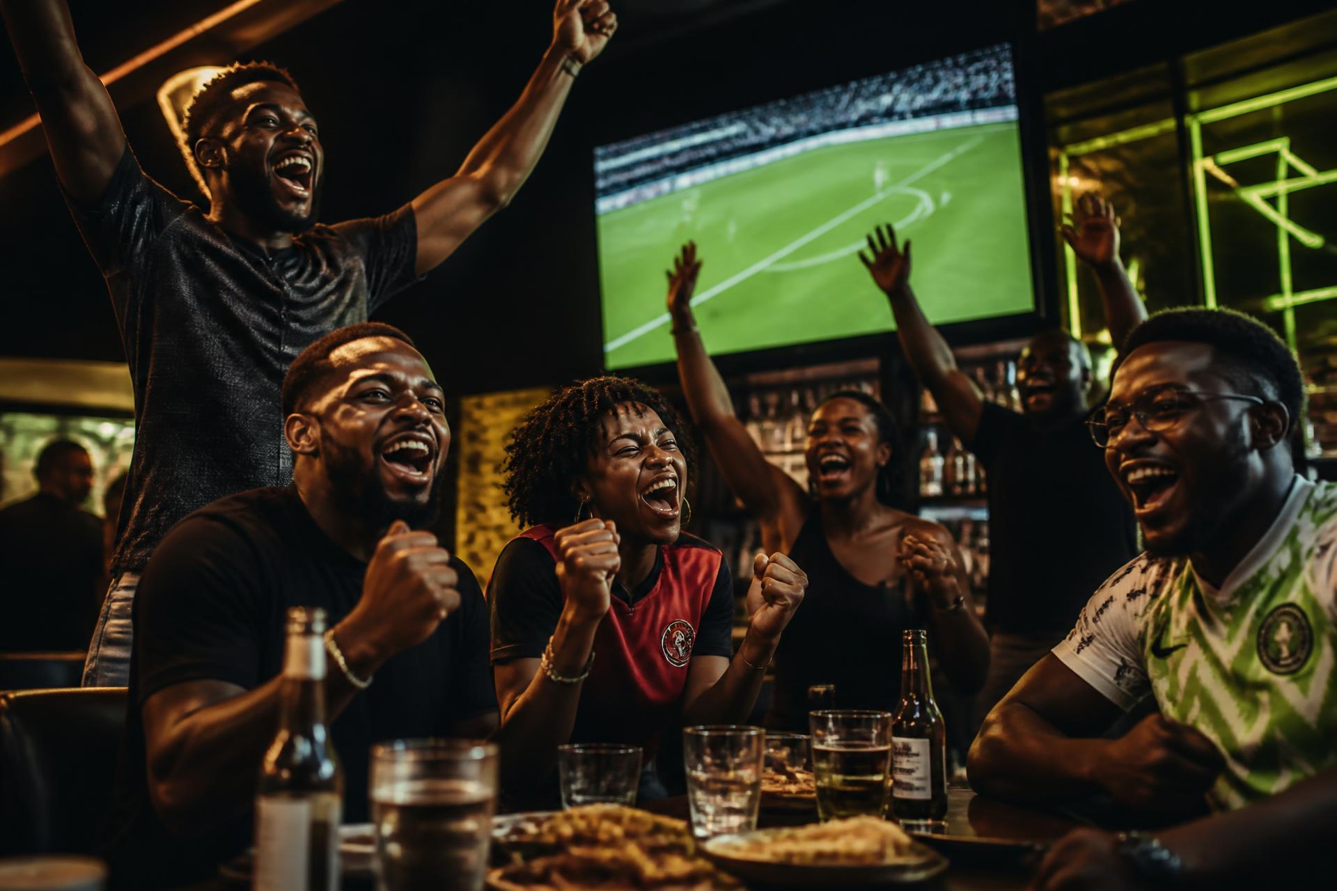 Friends celebrating a football match together in a sports bar