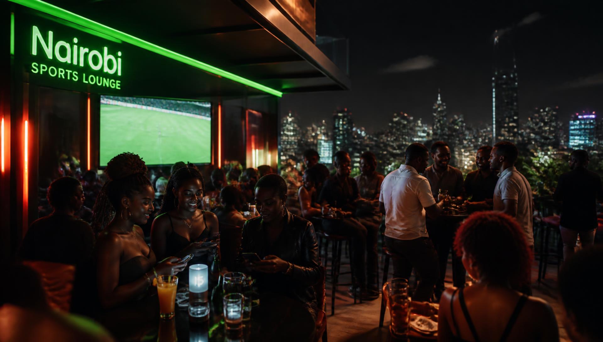 People at a rooftop sports lounge at night watching a match on their phones
